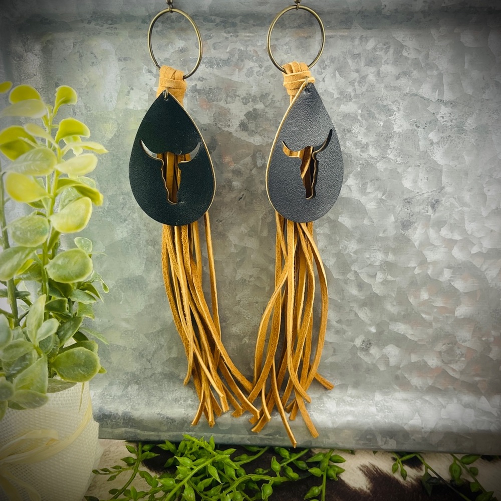 Buckskin long leather fringe earrings with black steer head leather cutout